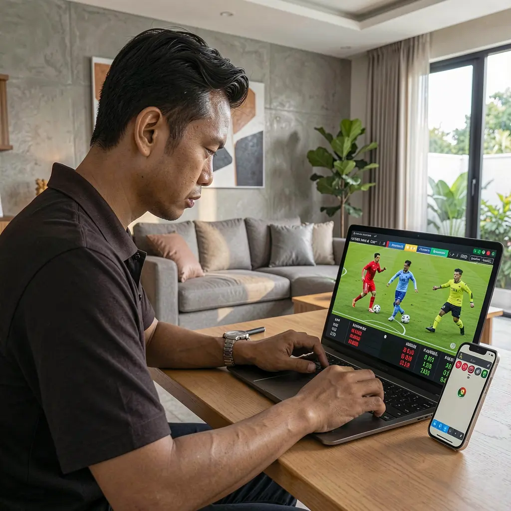5 RT Bet – Bet on your favorite sports matches in Indonesia with confidence Focused Indonesian sports bettor analyzing live soccer odds on a laptop at home using the 5 RT betting platform