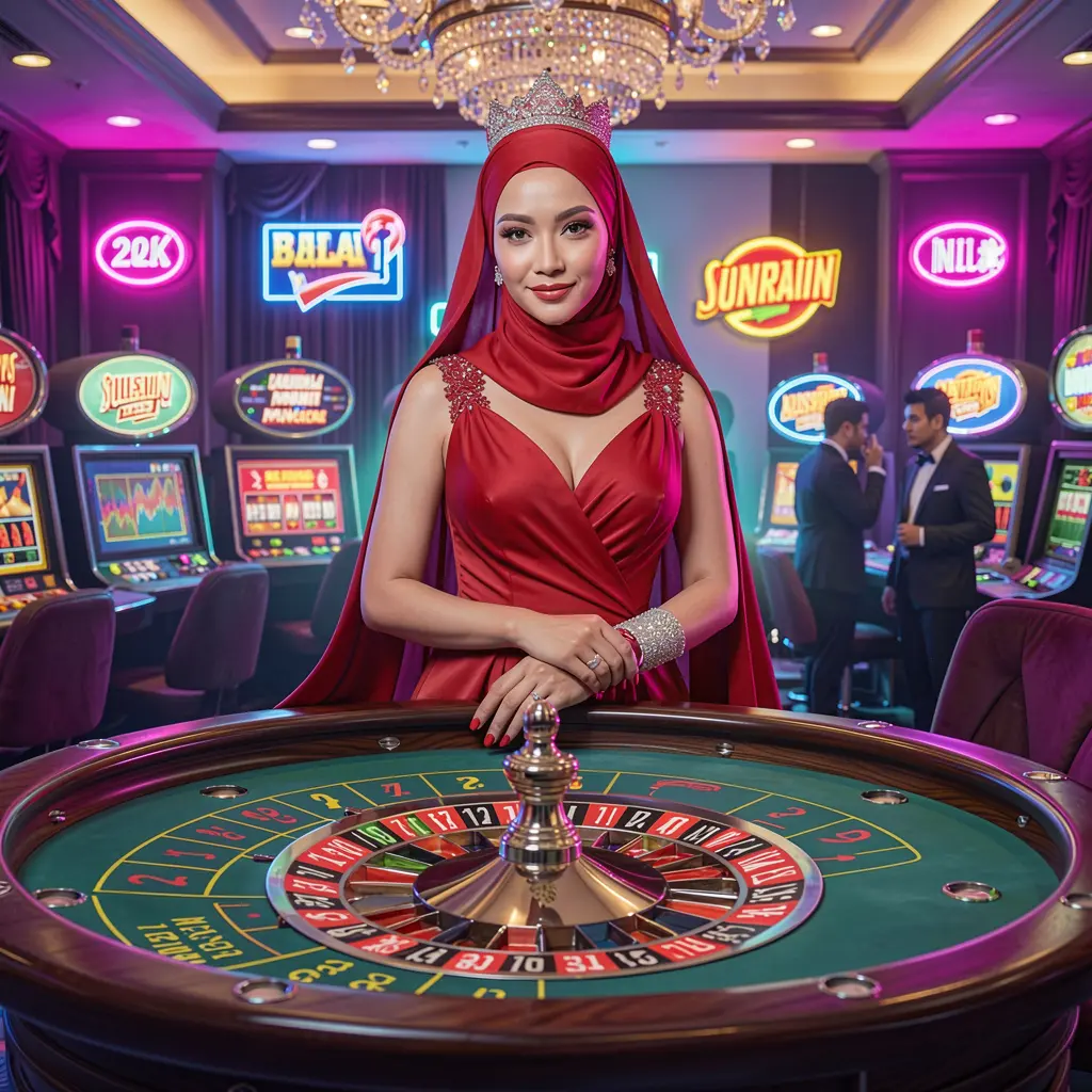 5 RT Casino – Experience stylish live casino action made for Indonesian players Elegant woman in a red dress standing by a glowing roulette table inside a vibrant casino atmosphere at 5 RT Casino in Indonesia