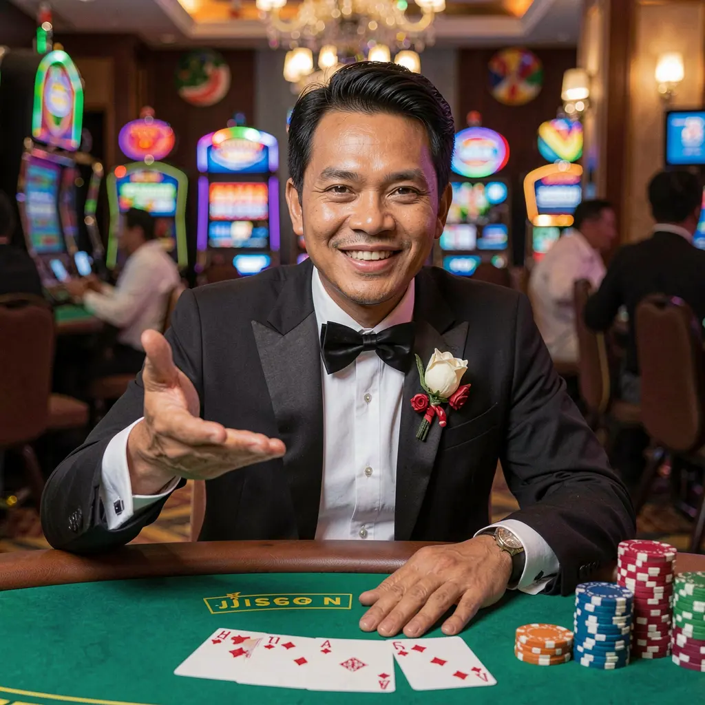 Elegant Indonesian live casino dealer at a glowing table with cards and chips inviting players to sign in to 5 RT